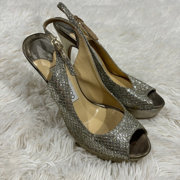 Jimmy Choo Nova Silver Glitter Peep Toe Slingback Women’s Heel Womens 36.5 EUC